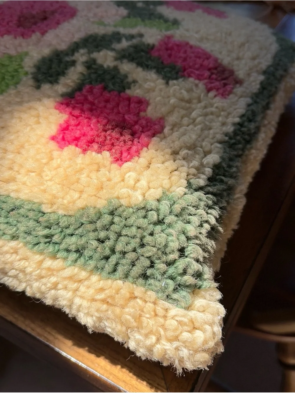 Retro MCM vintage latch hook rug flowers floral throw pillow puff velvet back